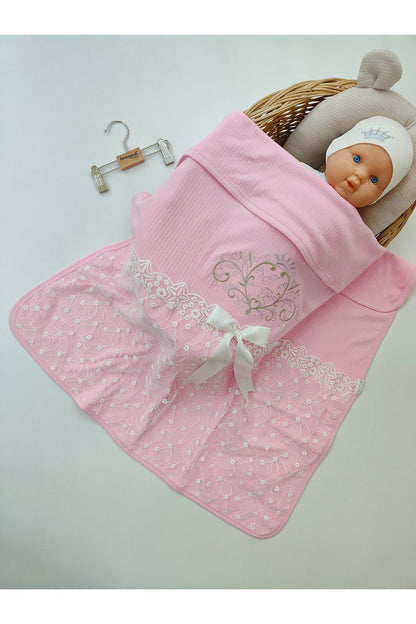 %100 Pamuklu Lüks Kız Bebek Kundak Battaniye 85x80 Çift Katlı Pembe Fitilli Yenidoğan Örtü
