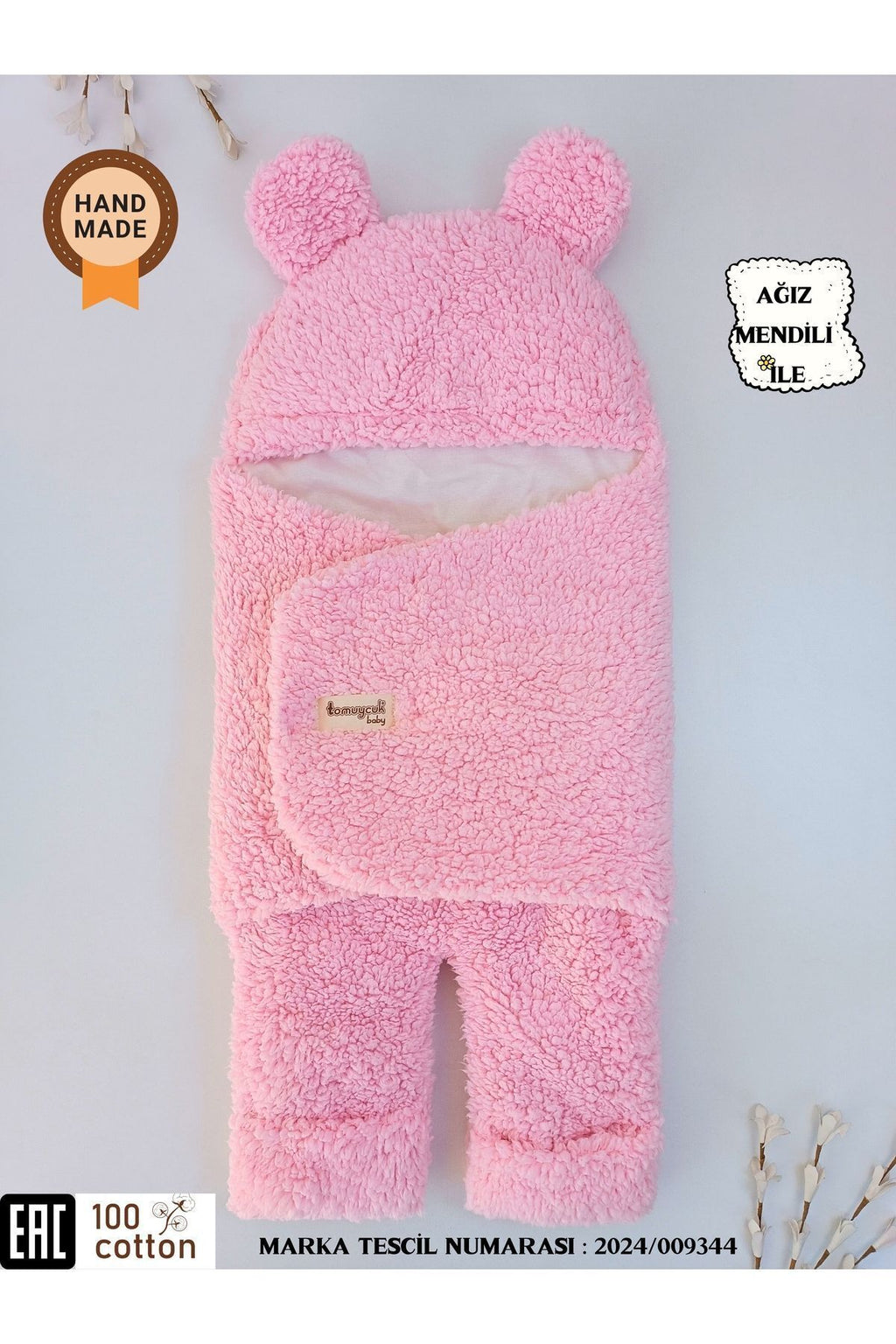 0-12 Ay İçi Elyaflı Peluş Welsoft Kulaklı Pembe Dış Bebek Kundak & Battaniyesi Kışlık Uyku Tulumu
