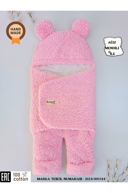 0-12 Ay İçi Elyaflı Peluş Welsoft Kulaklı Pembe Dış Bebek Kundak & Battaniyesi Kışlık Uyku Tulumu