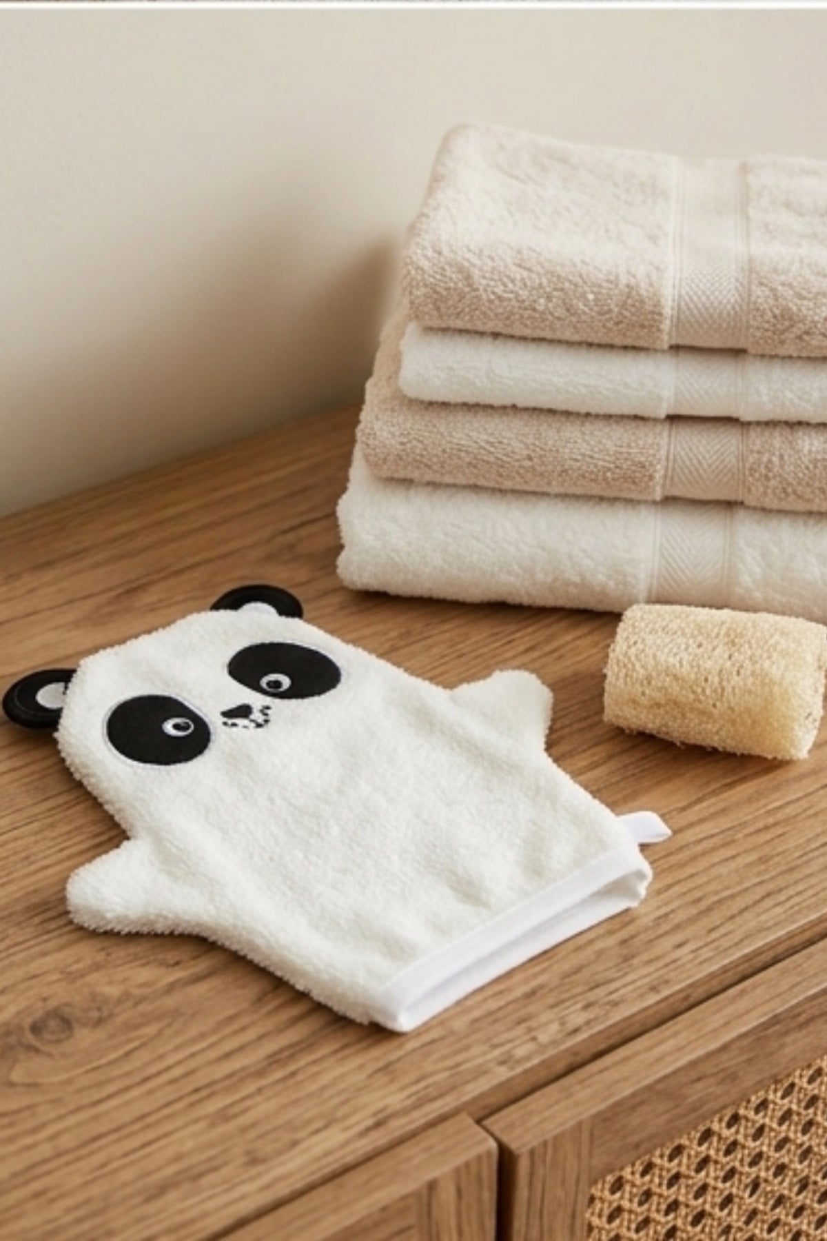 Panda El Kuklası Bebek Banyo Eldiveni – %100 Pamuklu