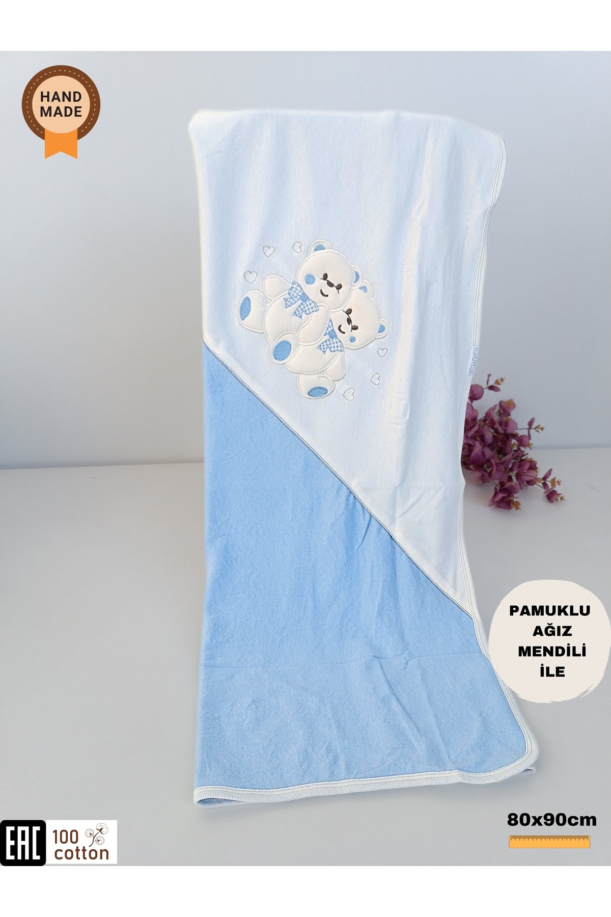 %100 Pamuklu & Mevsimlik Erkek Bebek Battaniyesi - Mavi & Ayıcık Nakışlı Bebek Örtüsü 80x90 Cm