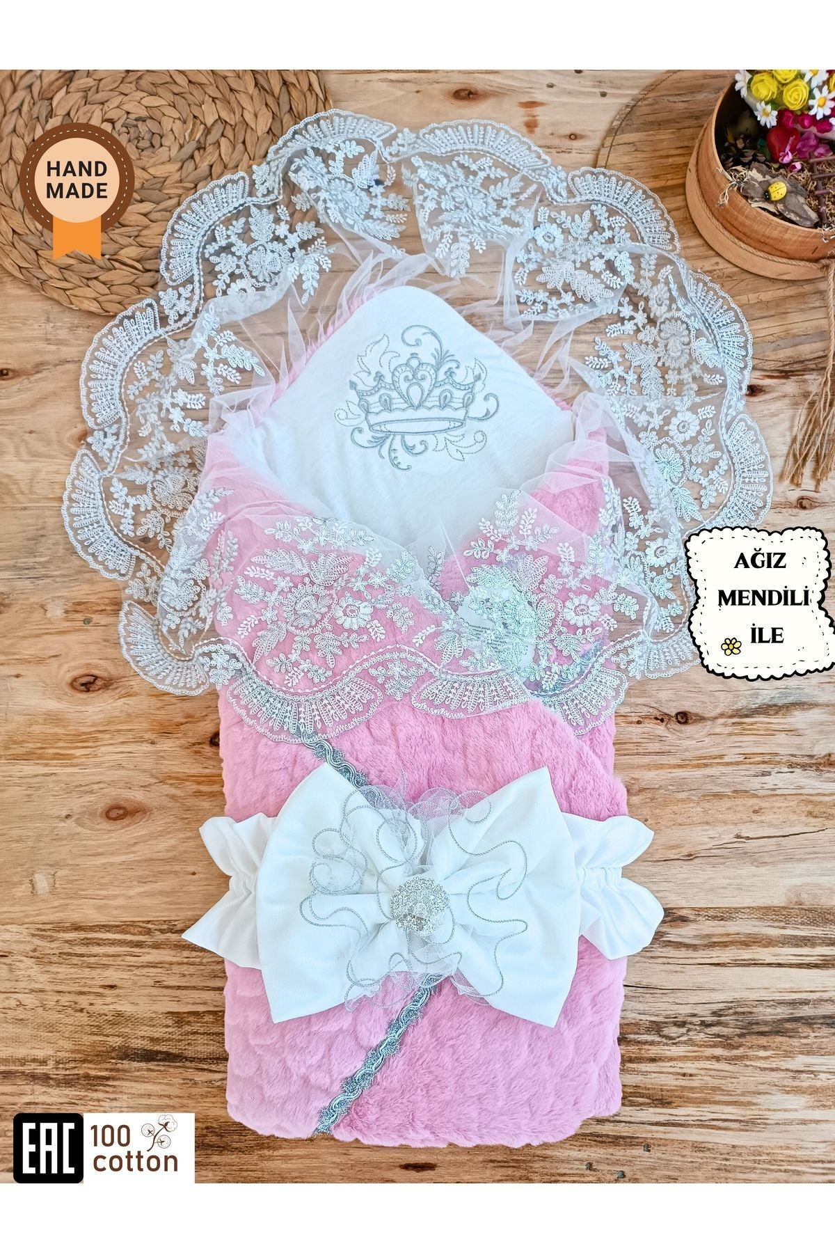 Kışlık Bebek Dış Kundak Battaniyesi Dantelli Pembe Bebek Kundağı Unisex Hastane Çıkışı Mevlütlük