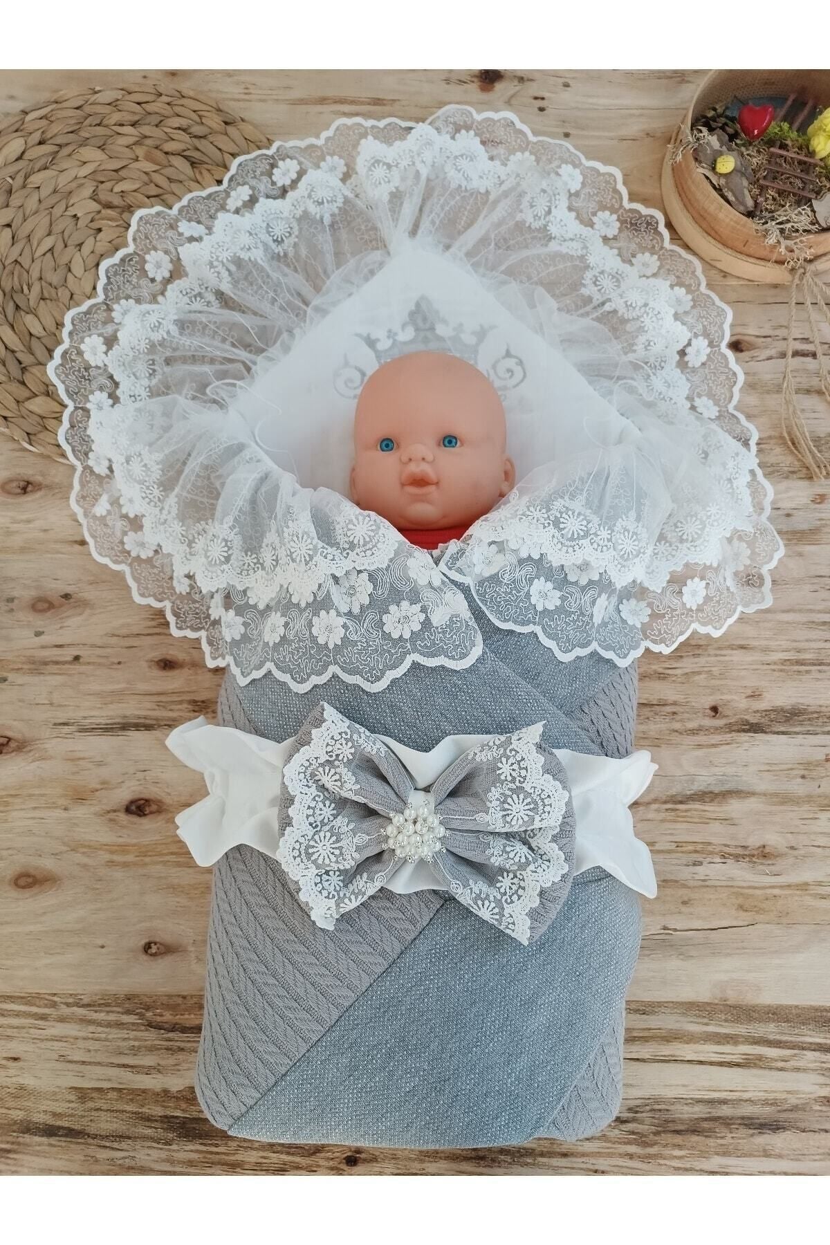 Gri Triko Örgü Kız Erkek Bebek Batttaniyesi Kundağı Dantelli Yenidoğan Hastane Çıkışı Hediyelik