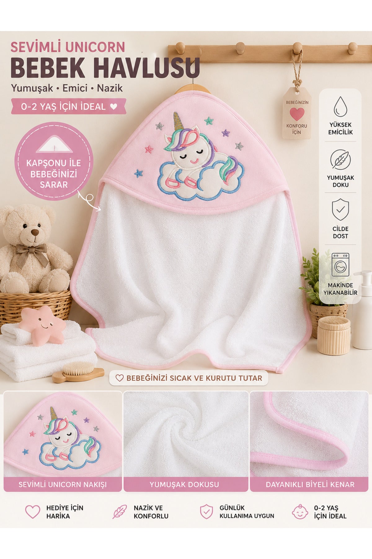 %100 Pamuklu Başlıklı & Unicorn Nakışlı Kız Bebek Banyo Havlusu- Yumuşak & Su Emici Havlu