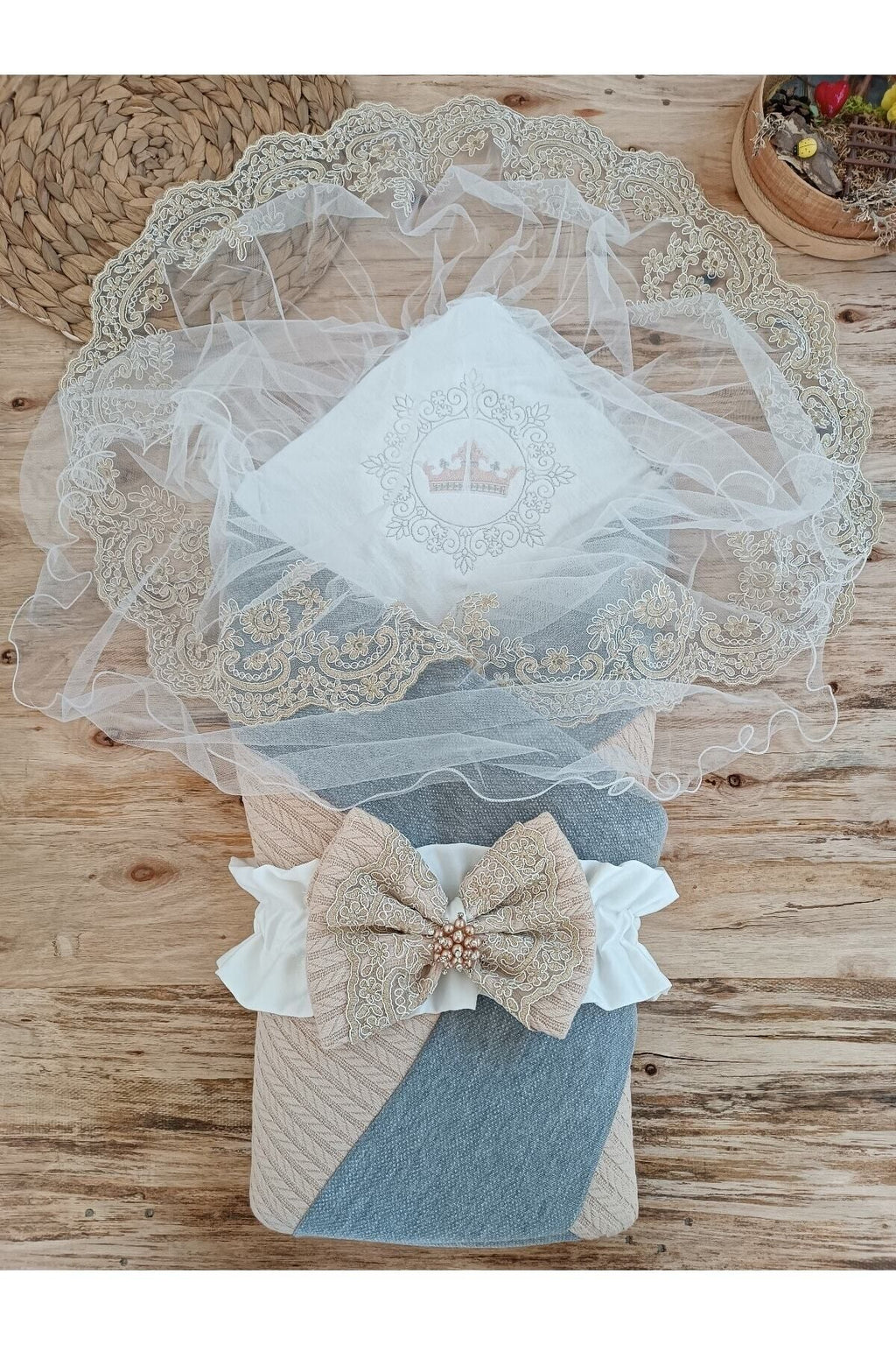 S.kahve Triko Örgü Unisex Bebek Batttaniyesi Kundağı Dantelli Yenidoğan Hastane Çıkışı Hediyelik