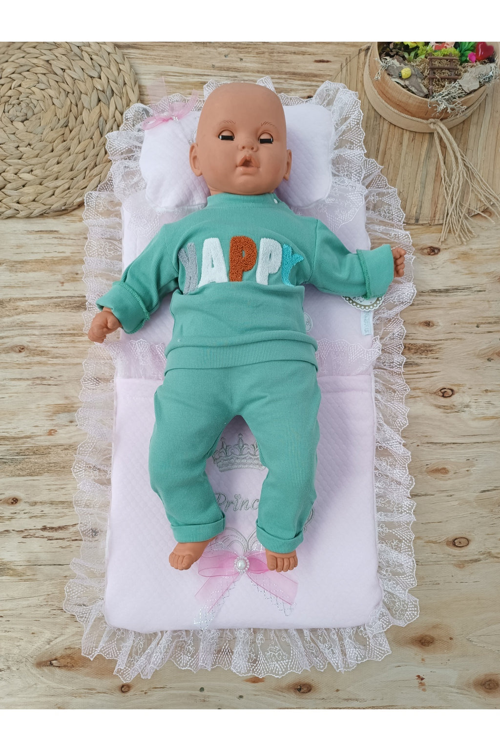 Yenidoğan Pembe Dantelli 3'lü Bebek Alt Açma Minderi - Kundaklı Yastıklı Bebek Yatağı - My Princess
