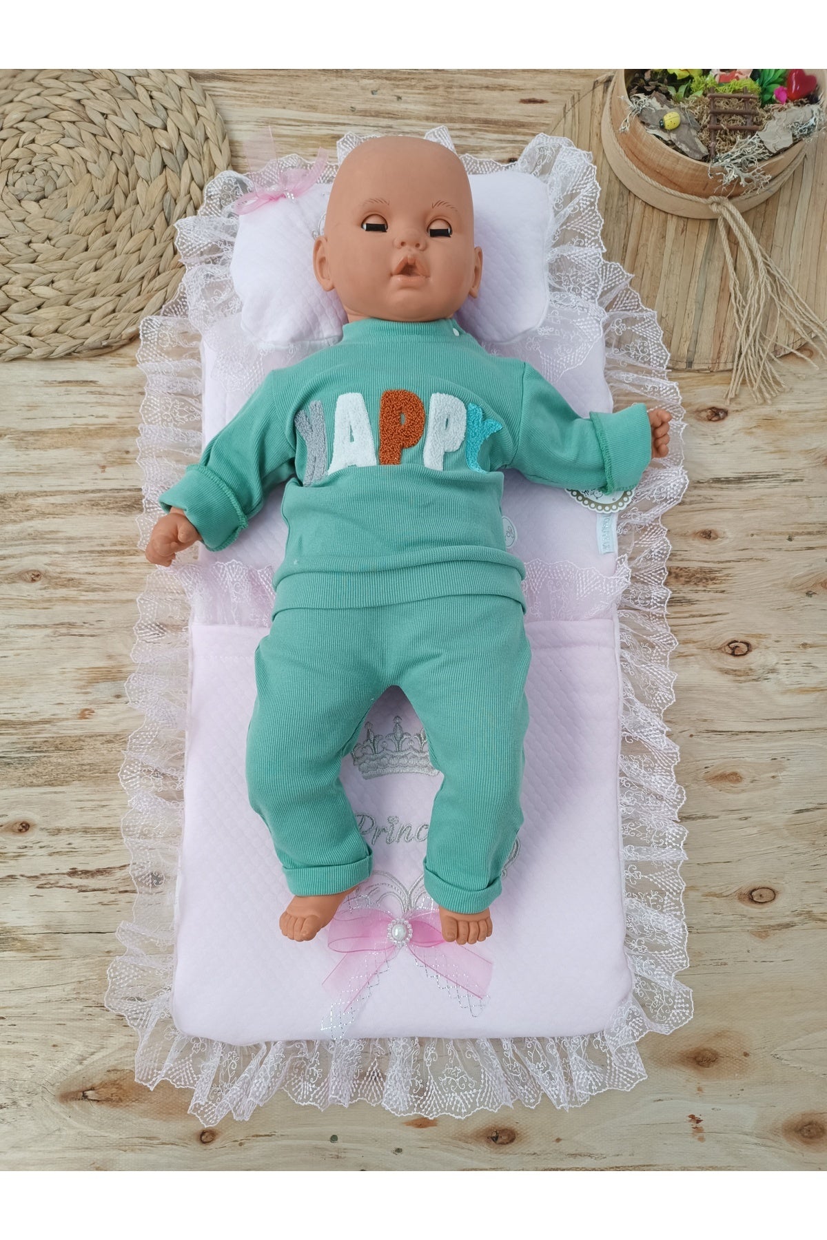 Yenidoğan Pembe Dantelli 3'lü Bebek Alt Açma Minderi - Kundaklı Yastıklı Bebek Yatağı - My Princess