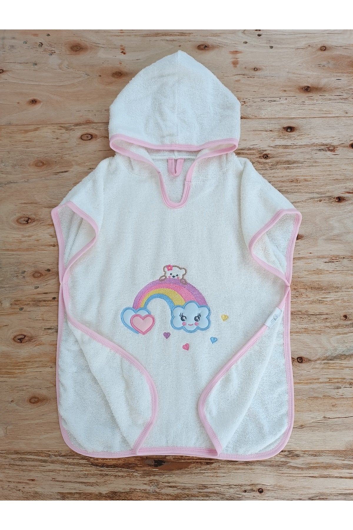 Gökkuşağı Nakışlı Bebek Banyo Havlusu Pareo %100 Pamuklu Başlıklı Panço – Yumuşak Su Emici Hediyelik