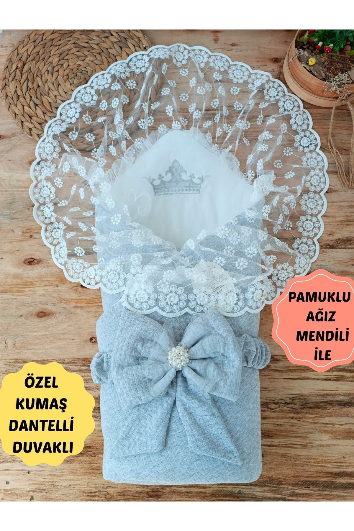 Gri Dantelli Kız Erkek Bebek Battaniyesi Kundağı Hediyelik Mevlütlük Hastane Çıkışı Yenidoğan