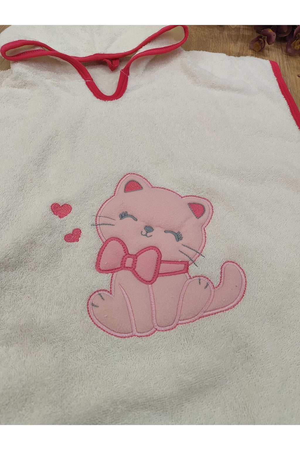 %100 Pamuklu & Başlıklı Pareo Bebek Bornozu - Yumuşak & Su Emici Bebek Havlusu - Kedi Nakışlı