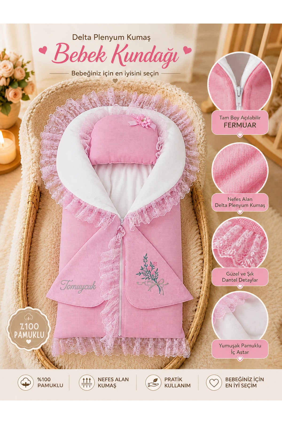 Kız Bebek Battaniyesi & Kundağı Dantelli Pembe /Yastıklı Fermuarlı Hediyelik Hastane Çıkışı