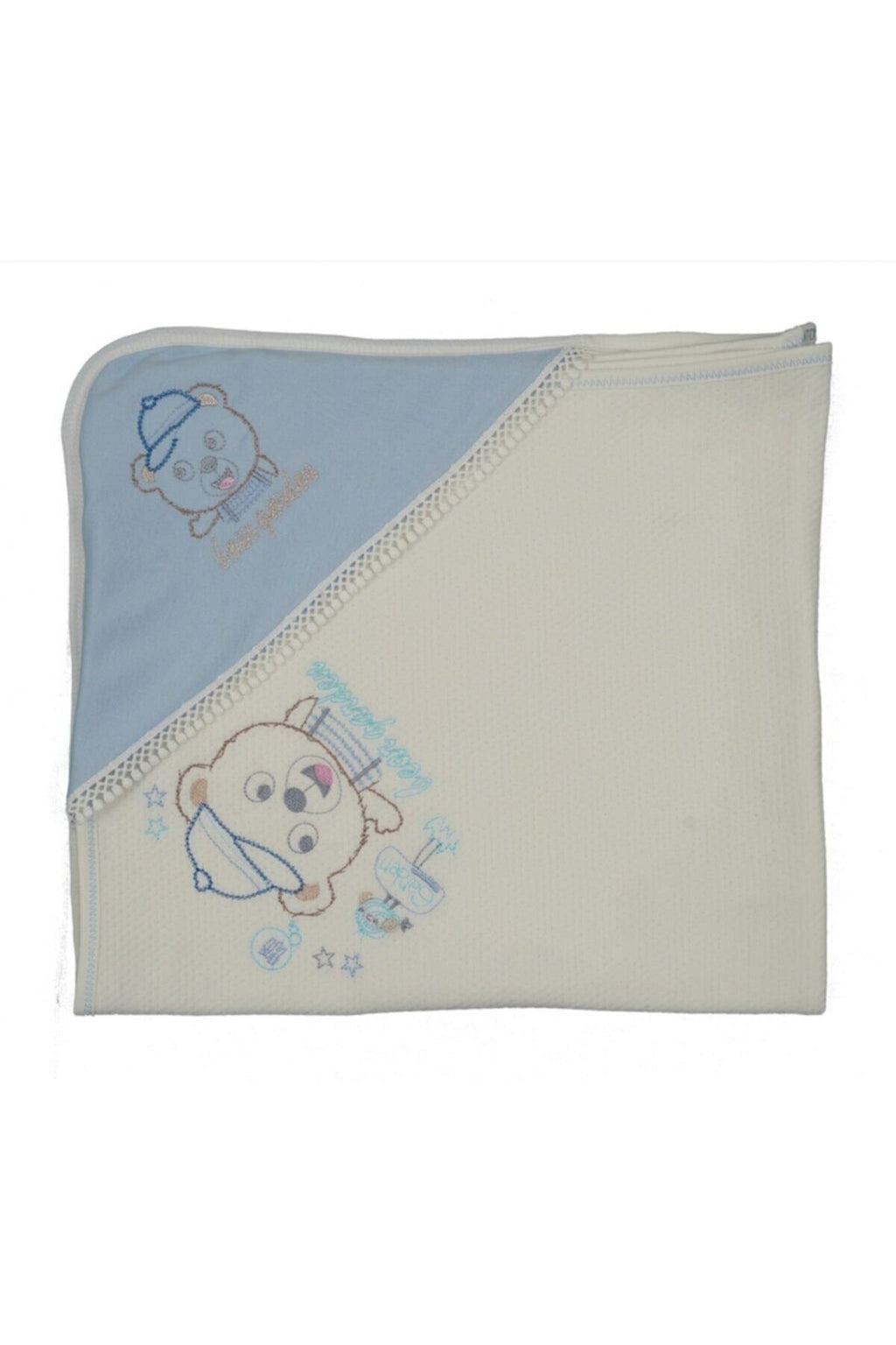Erkek Bebek Battaniye Mavi Başlıklı Soft Şapkalı Ayı Bebek Arabası Örtüsü
