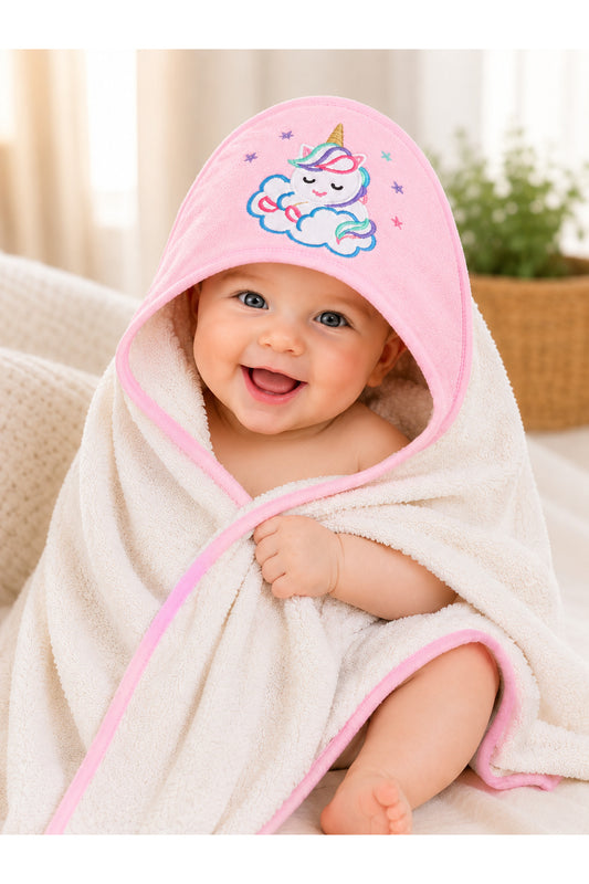 %100 Pamuklu Başlıklı & Unicorn Nakışlı Kız Bebek Banyo Havlusu- Yumuşak & Su Emici Havlu