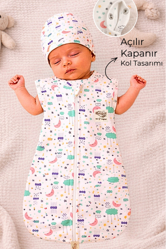 %100 Pamuklu Unisex Uyku Tulumu 0-6 Ay | Fermuarlı Şapkalı