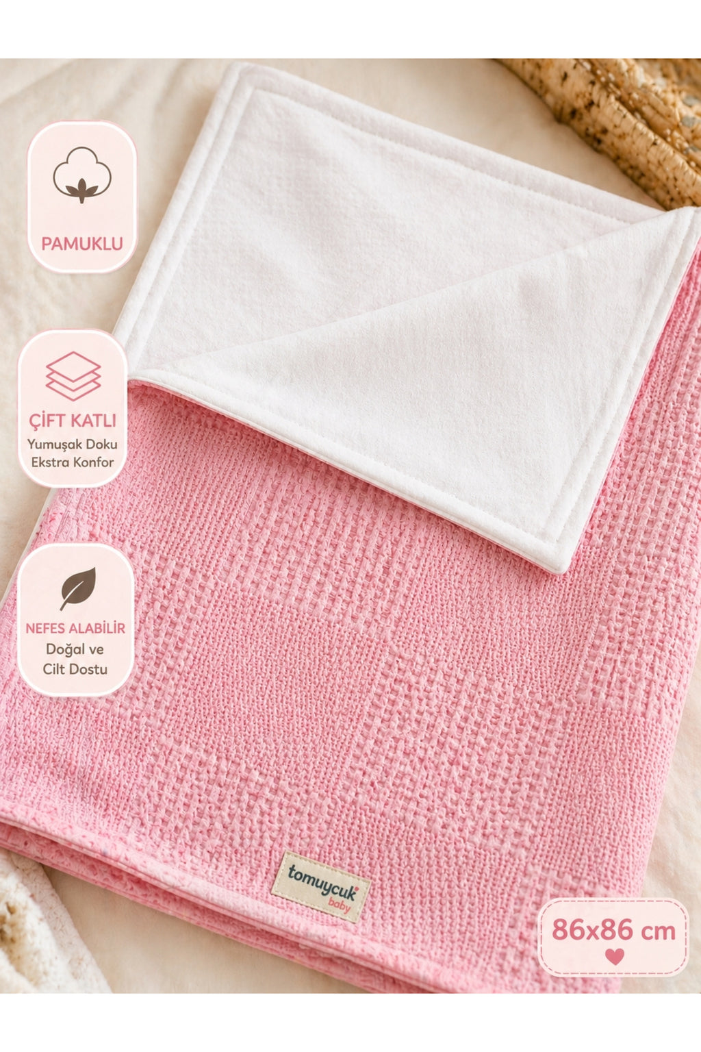 Pembe Kız Erkek Bebek Battaniyesi Pike %100 Pamuklu Doğal Organik Uyku Çift Taraflı Örtü 86x86cm