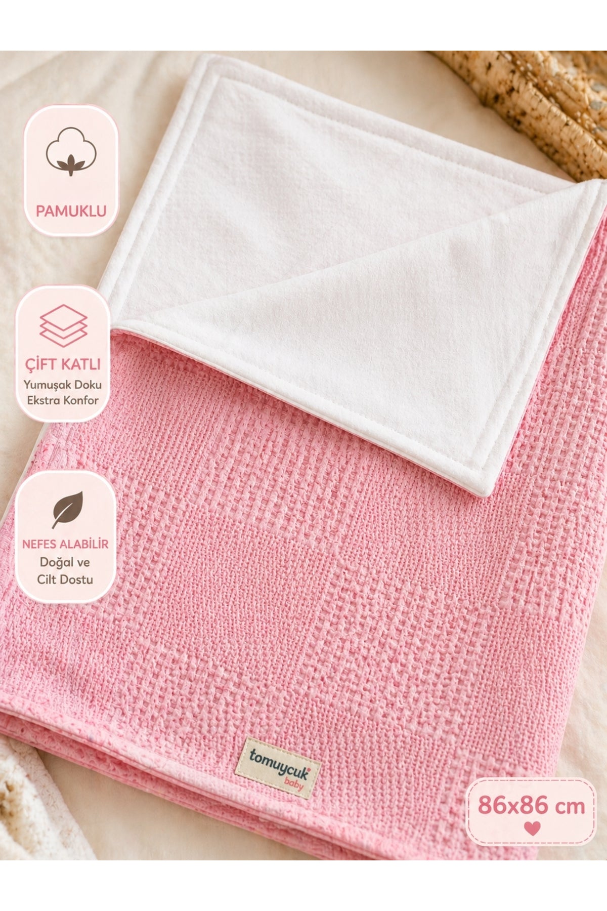 Pembe Kız Erkek Bebek Battaniyesi Pike %100 Pamuklu Doğal Organik Uyku Çift Taraflı Örtü 86x86cm
