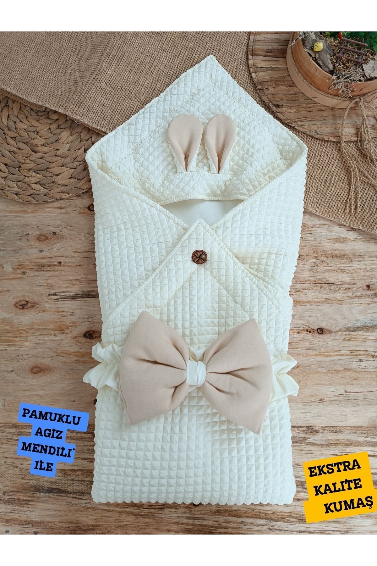 Ekru & Tavşan Kulaklı Bebek Battaniyesi - %100 Pamuklu Mevsimlik Bebek Kundağı