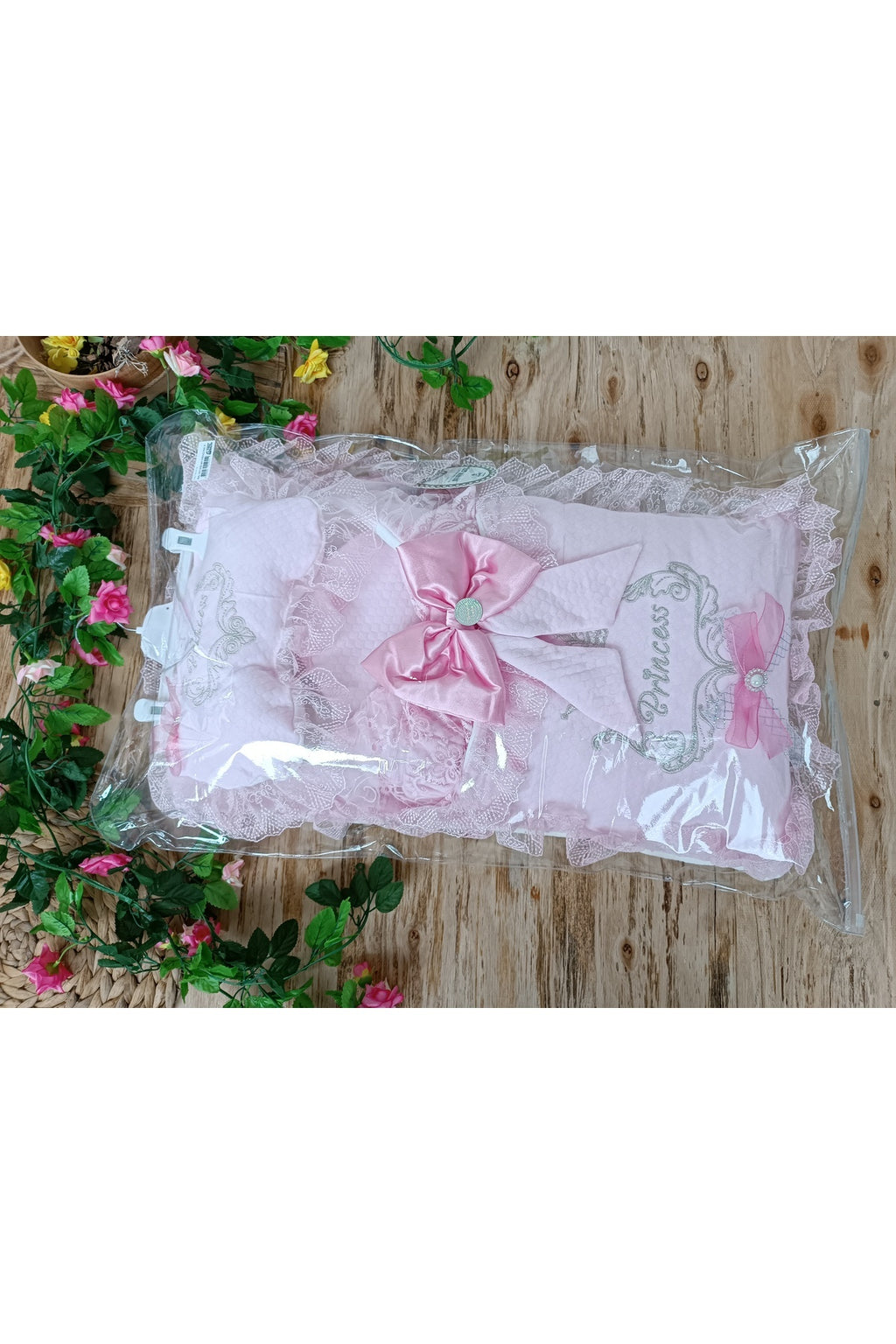 Yenidoğan Pembe Dantelli 3'lü Bebek Alt Açma Minderi - Kundaklı Yastıklı Bebek Yatağı - My Princess