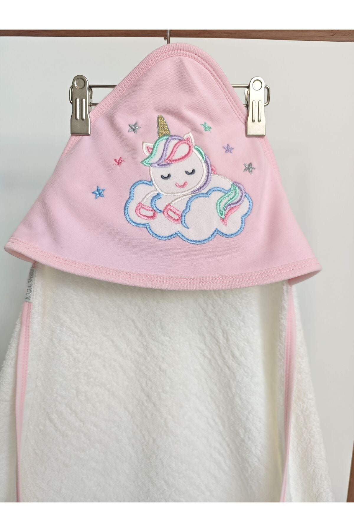 %100 Pamuklu Başlıklı & Unicorn Nakışlı Kız Bebek Banyo Havlusu- Yumuşak & Su Emici Havlu