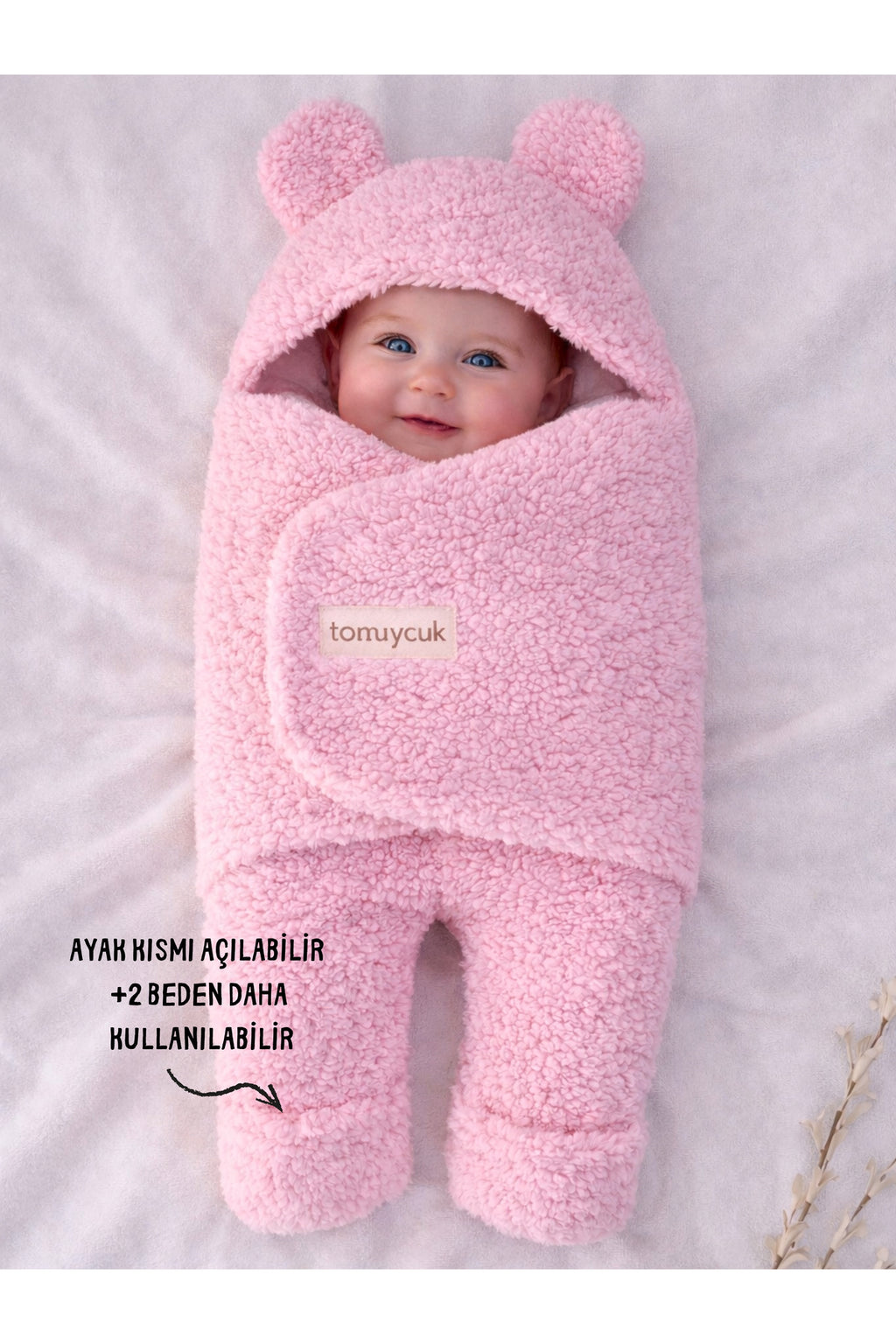 0-12 Ay İçi Elyaflı Peluş Welsoft Kulaklı Pembe Dış Bebek Kundak & Battaniyesi Kışlık Uyku Tulumu