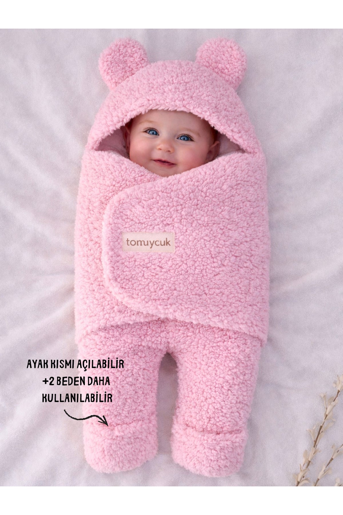 0-12 Ay İçi Elyaflı Peluş Welsoft Kulaklı Pembe Dış Bebek Kundak & Battaniyesi Kışlık Uyku Tulumu