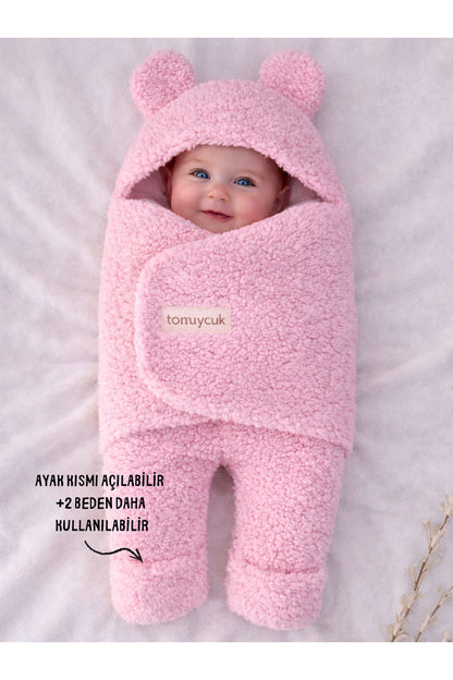 0-12 Ay İçi Elyaflı Peluş Welsoft Kulaklı Pembe Dış Bebek Kundak & Battaniyesi Kışlık Uyku Tulumu