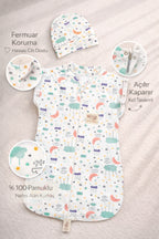 %100 Pamuklu Unisex Uyku Tulumu 0-6 Ay | Fermuarlı Şapkalı