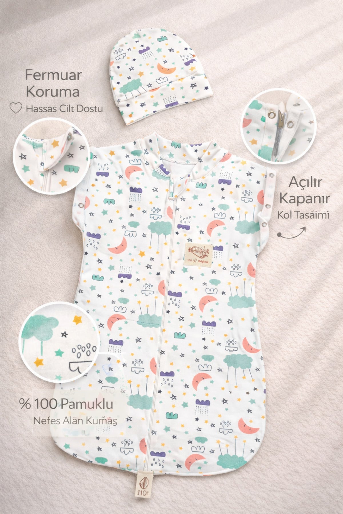 %100 Pamuklu Unisex Uyku Tulumu 0-6 Ay | Fermuarlı Şapkalı