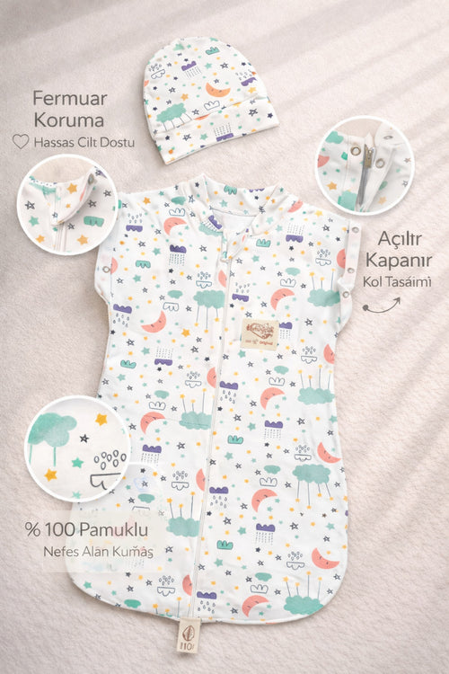 %100 Pamuklu Unisex Uyku Tulumu 0-6 Ay | Fermuarlı Şapkalı