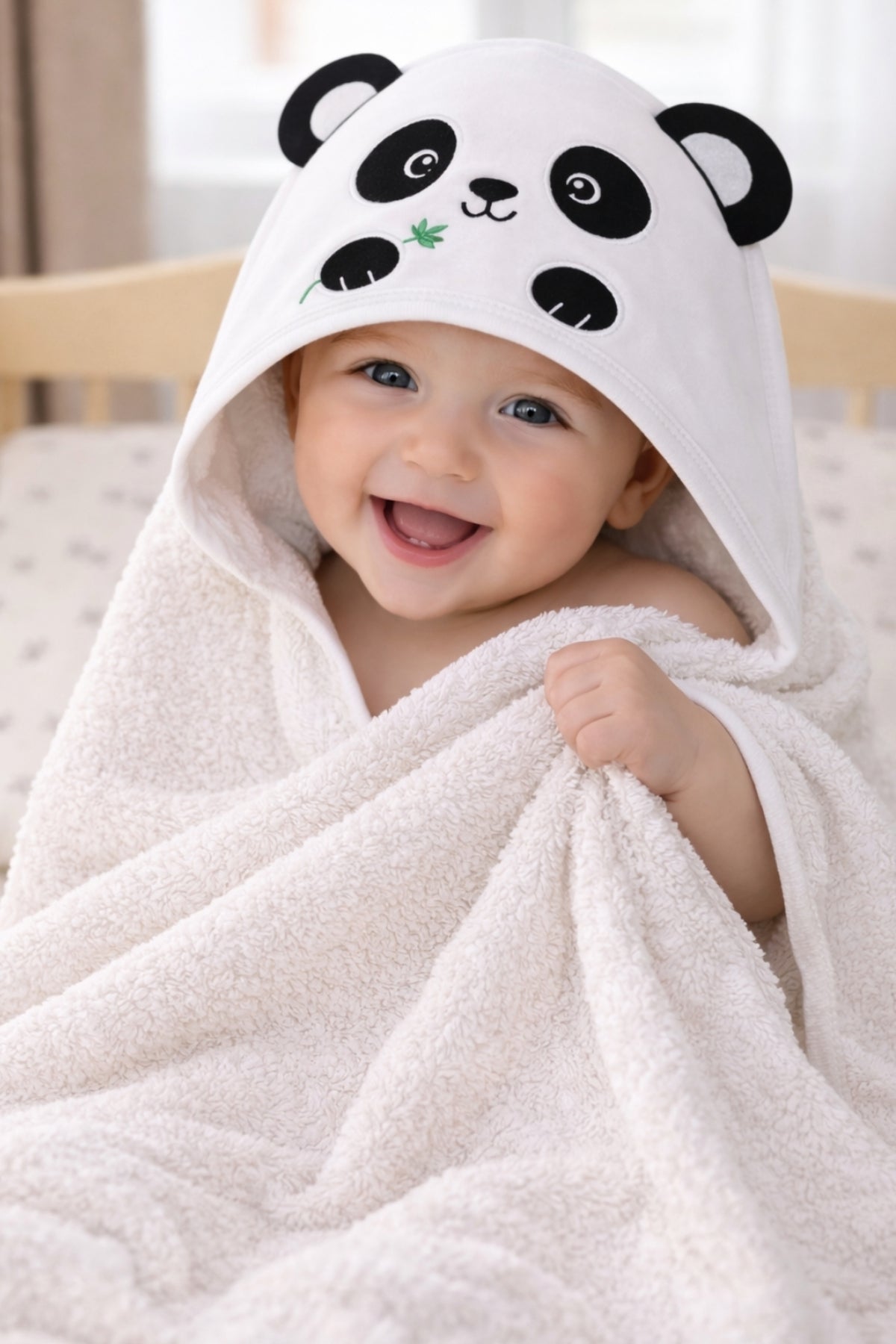 %100 Pamuklu & Başlıklı Bebek Banyo Havlusu - Panda Nakışlı & Havlu- Yumuşak & Su Emici