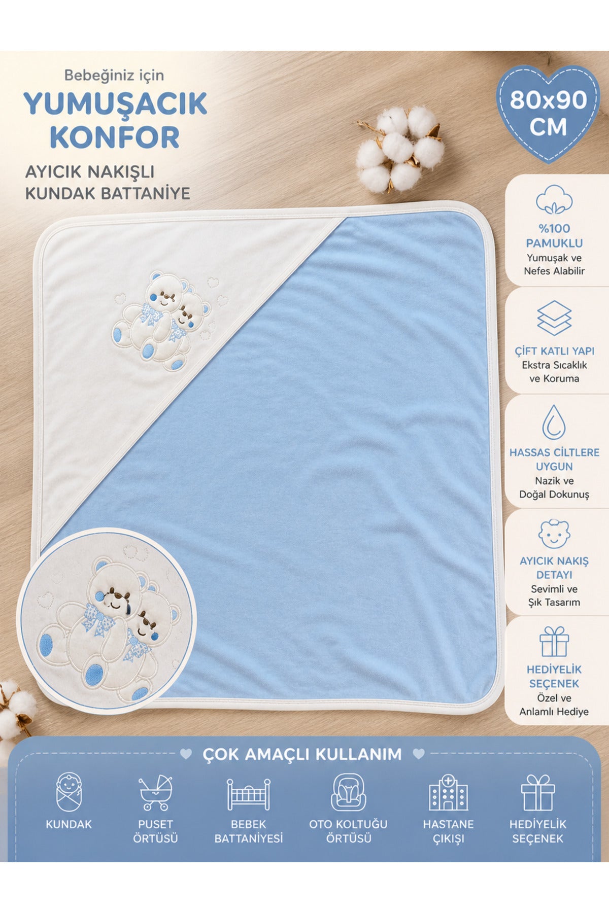 %100 Pamuklu & Mevsimlik Erkek Bebek Battaniyesi - Mavi & Ayıcık Nakışlı Bebek Örtüsü 80x90 Cm