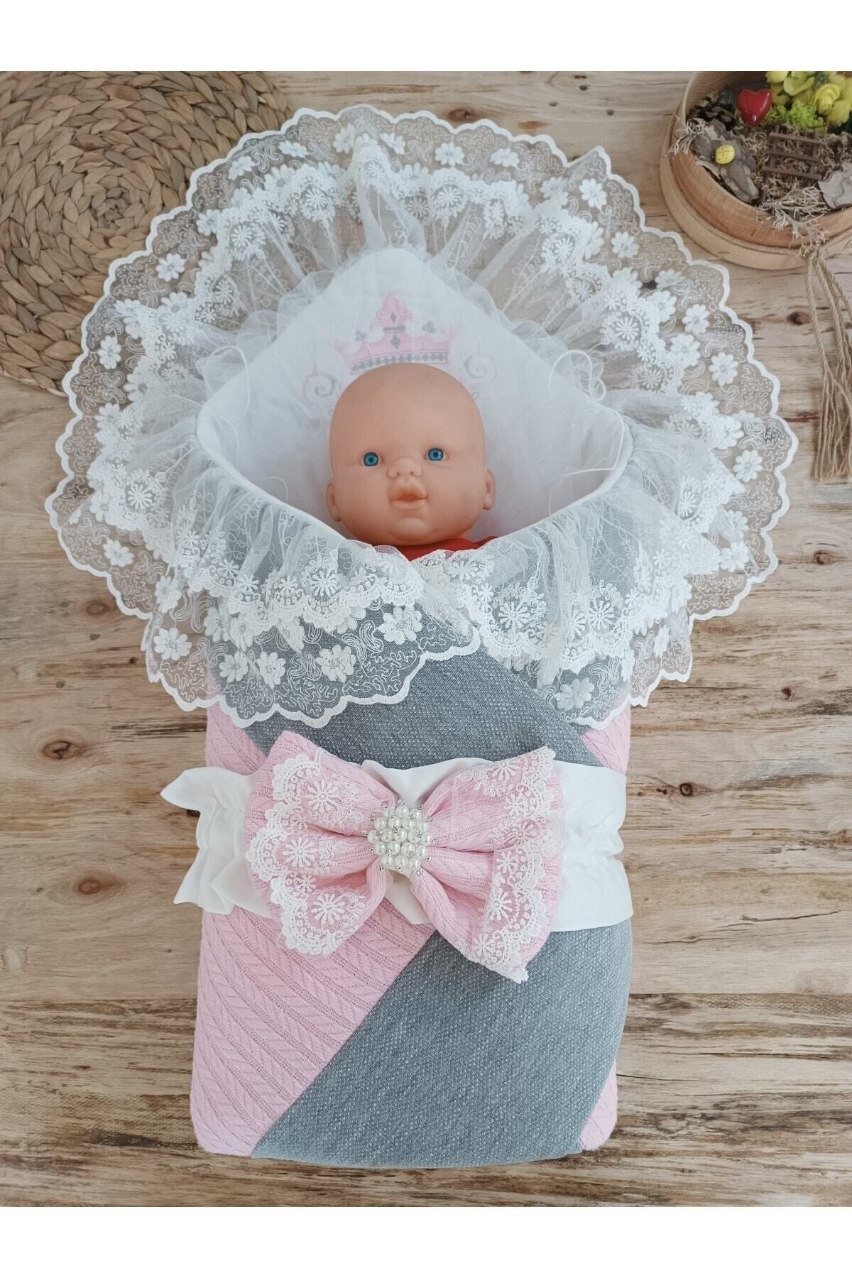 Pembe Triko Örgü Kız Bebek Batttaniyesi Kundağı Şık Dantelli Yenidoğan Hastane Çıkışı Hediyelik