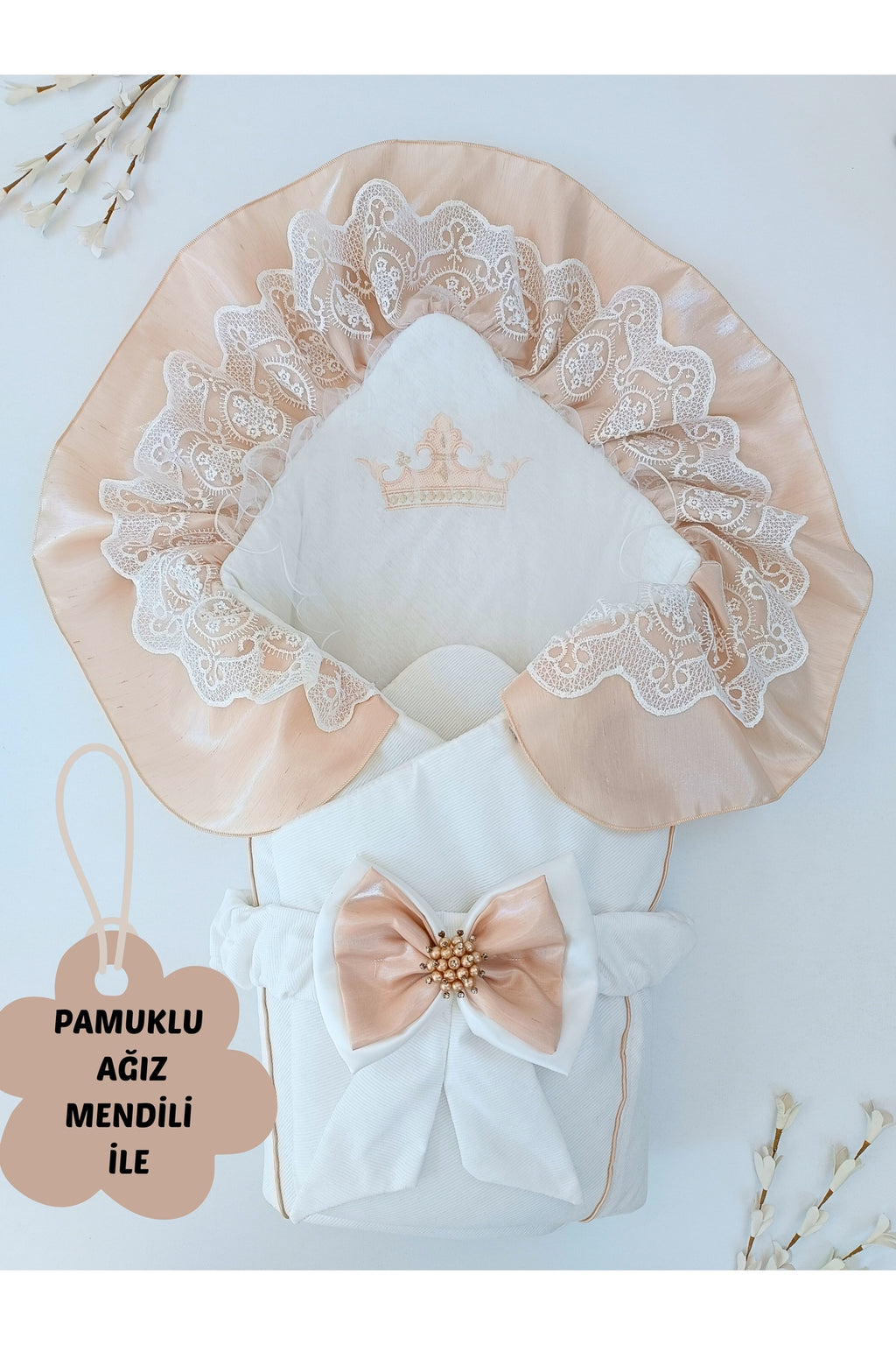 Dantelli Bebek Battaniyesi Ekru Özel Tasarım Mevlütlük Hediyelik Bebek Kundak Hastane Çıkışı