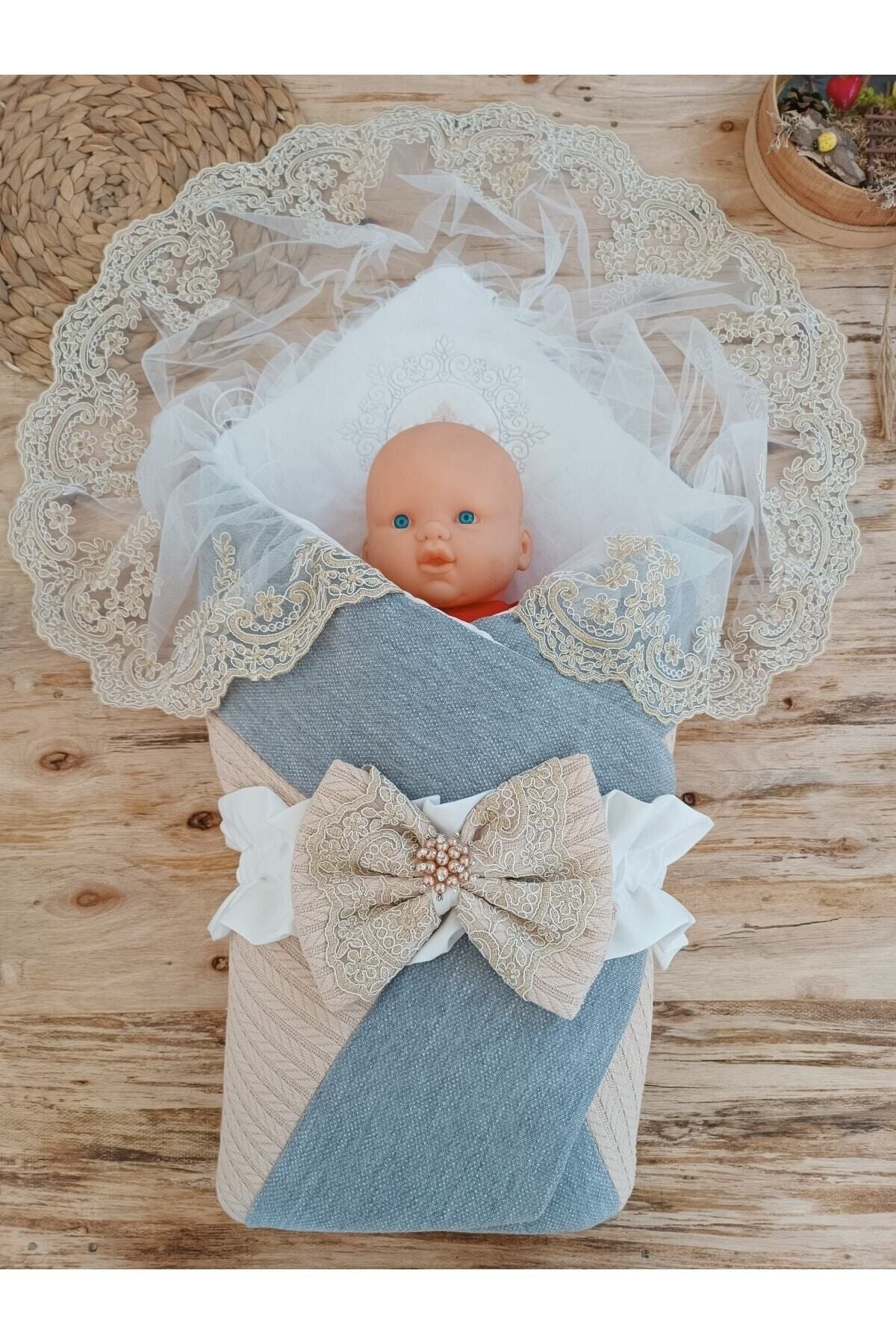 S.kahve Triko Örgü Unisex Bebek Batttaniyesi Kundağı Dantelli Yenidoğan Hastane Çıkışı Hediyelik