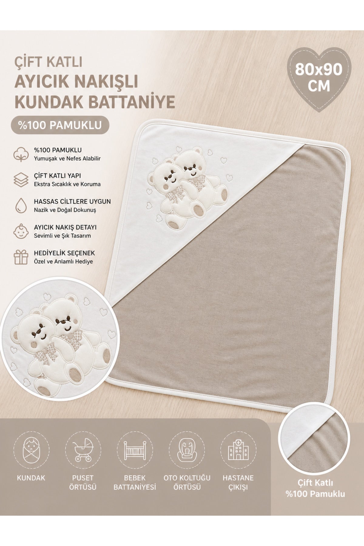 %100 Pamuklu & Mevsimlik Kız / Erkek Bebek Battaniyesi - Kahverengi & Ayıcık Nakışlı Bebek Örtüsü 80x90 Cm