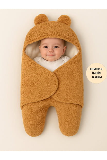 0-6 Ay İçi Elyaflı Kulaklı Peluş Bebek Kundağı Welsoft Kumaş Yenidoğan Uyku Tulumu
