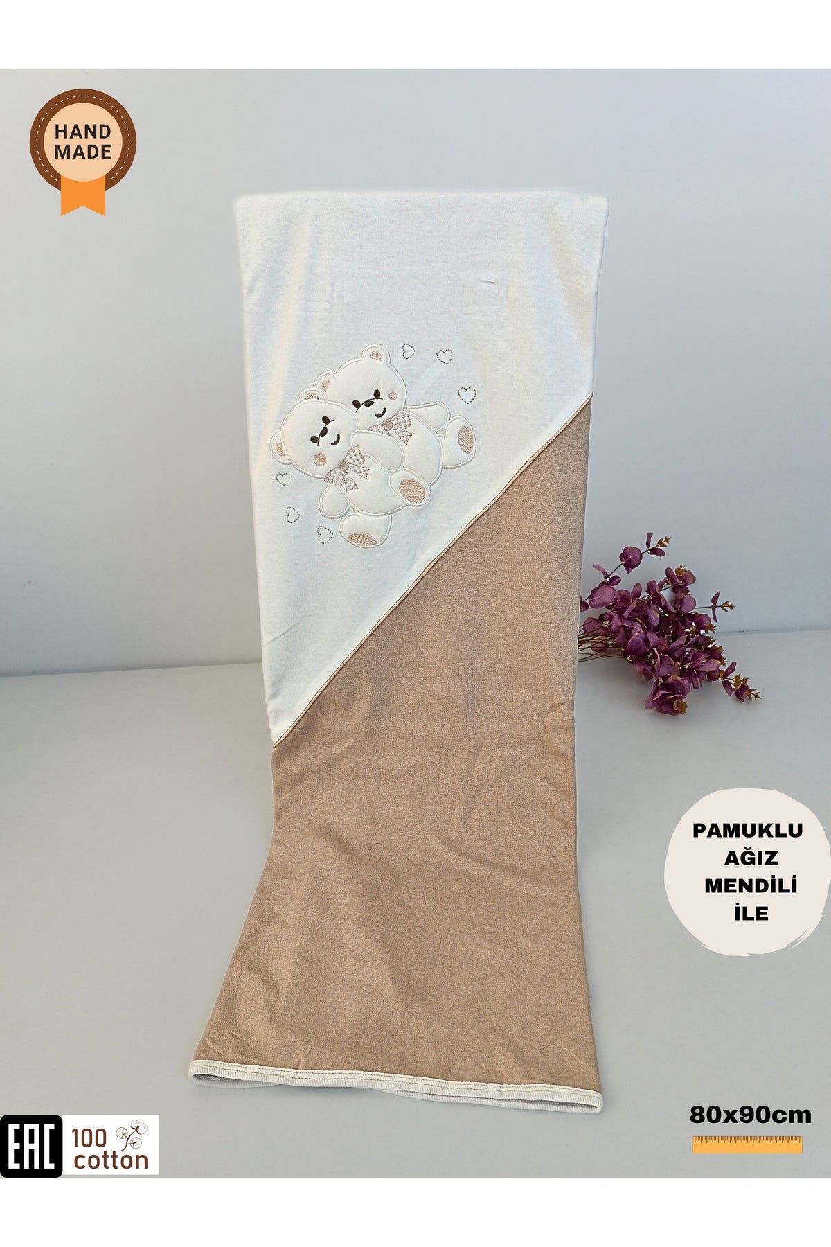 %100 Pamuklu & Mevsimlik Kız / Erkek Bebek Battaniyesi - Kahverengi & Ayıcık Nakışlı Bebek Örtüsü 80x90 Cm