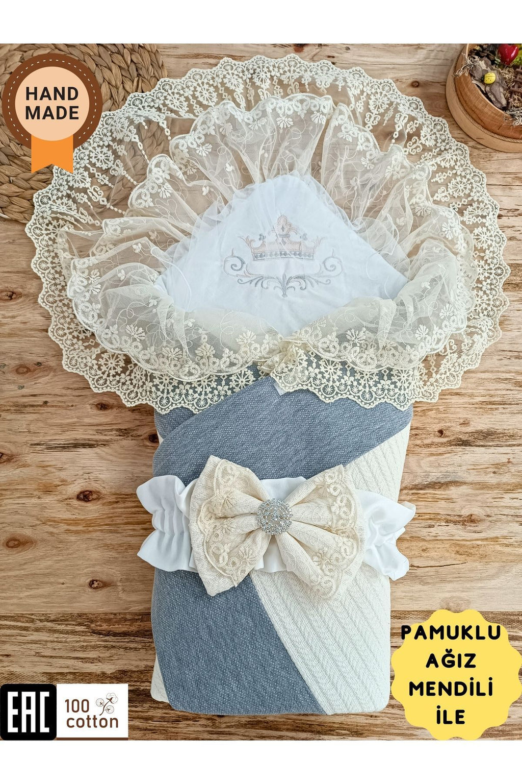 Ekru Triko Örgü Kız Erkek Bebek Battaniyesi Kundağı Dantelli Yenidoğan Hastane Çıkışı Kışlık