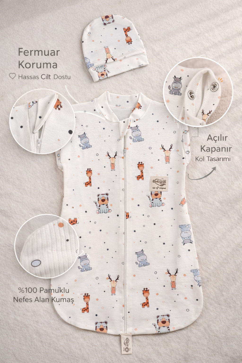 %100 Pamuklu Unisex Bebek Uyku Tulumu 0-6 Ay Fermuarlı Çıtçıtlı Kol Mevsimlik Şapkalı Yenidoğan