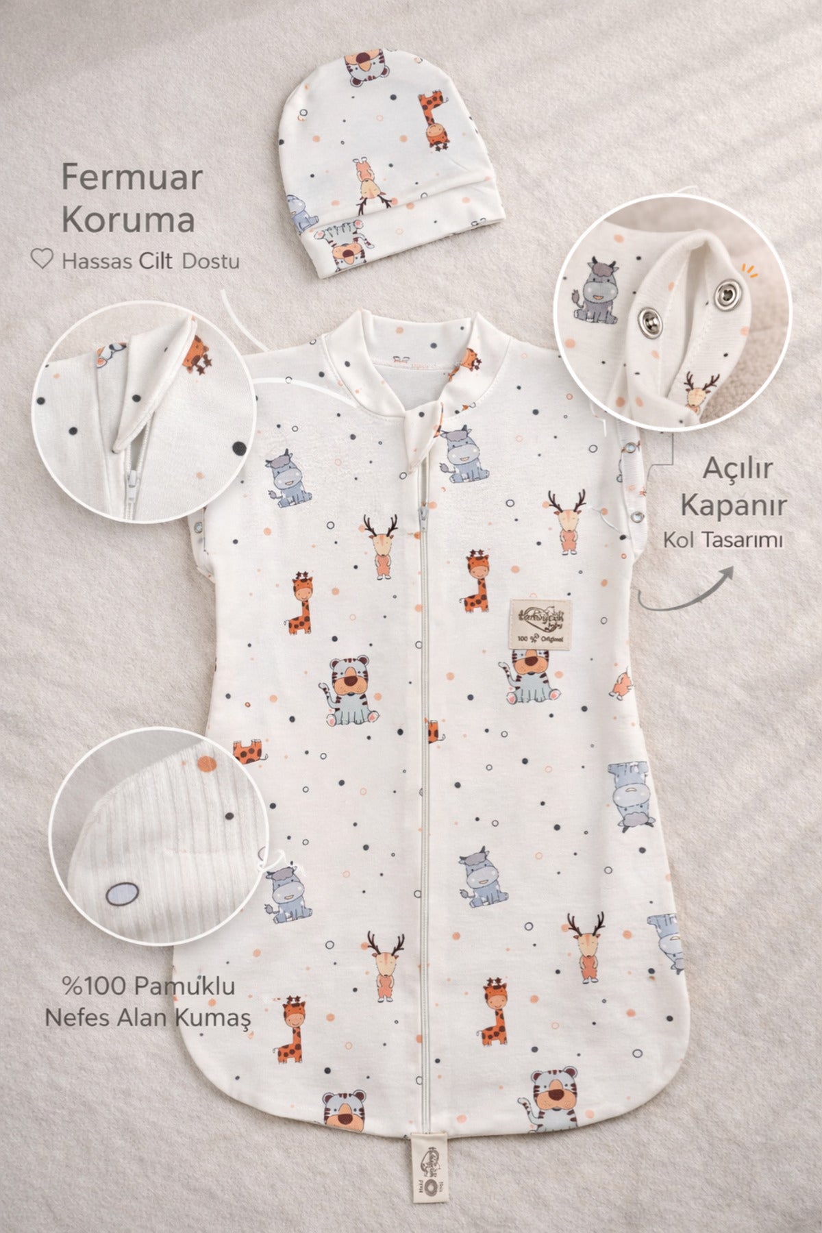 %100 Pamuklu Unisex Bebek Uyku Tulumu 0-6 Ay Fermuarlı Çıtçıtlı Kol Mevsimlik Şapkalı Yenidoğan