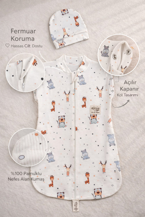 %100 Pamuklu Unisex Bebek Uyku Tulumu 0-6 Ay Fermuarlı Çıtçıtlı Kol Mevsimlik Şapkalı Yenidoğan