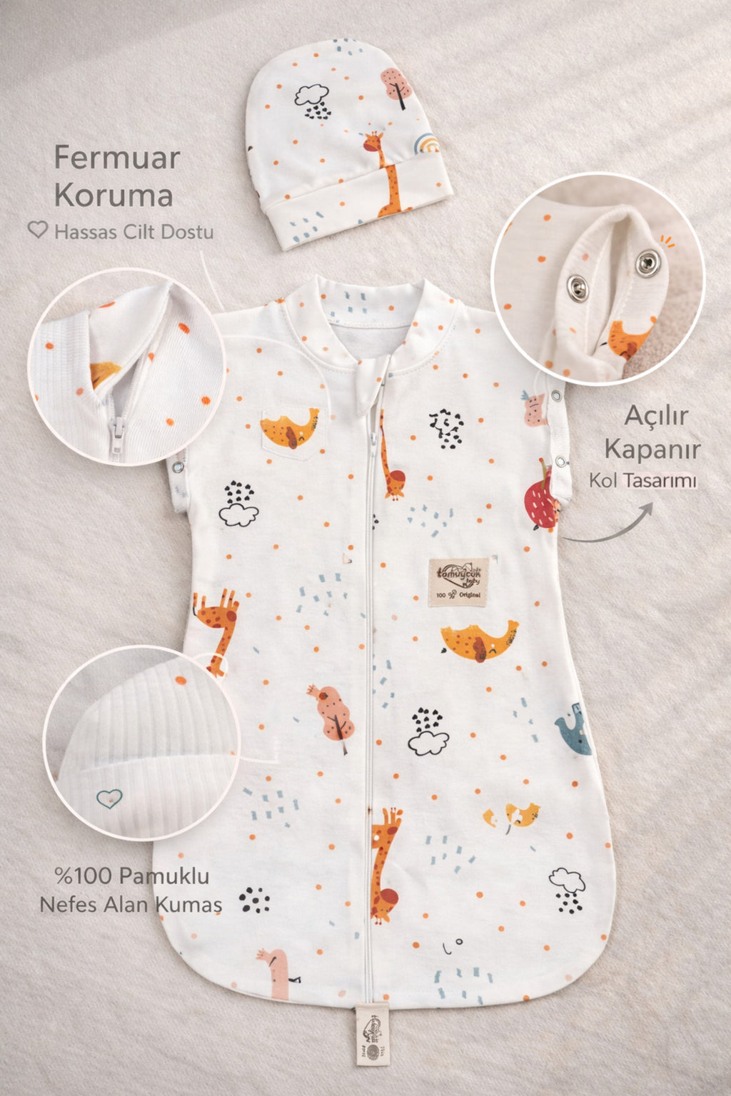 %100 Pamuklu Unisex Bebek Uyku Tulumu Kundak 0-6 Ay Fermuarlı Çıtçıt Kol Mevsimlik Şapkalı Yenidoğan