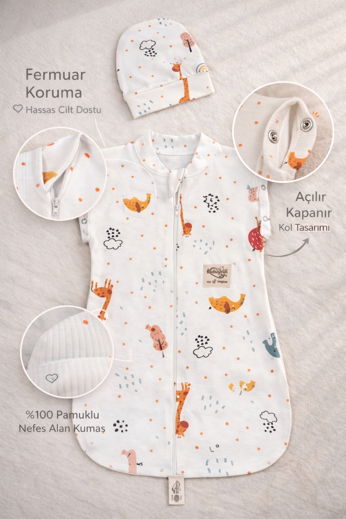 %100 Pamuklu Unisex Bebek Uyku Tulumu Kundak 0-6 Ay Fermuarlı Çıtçıt Kol Mevsimlik Şapkalı Yenidoğan