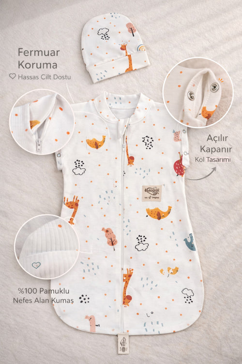 %100 Pamuklu Unisex Bebek Uyku Tulumu Kundak 0-6 Ay Fermuarlı Çıtçıt Kol Mevsimlik Şapkalı Yenidoğan