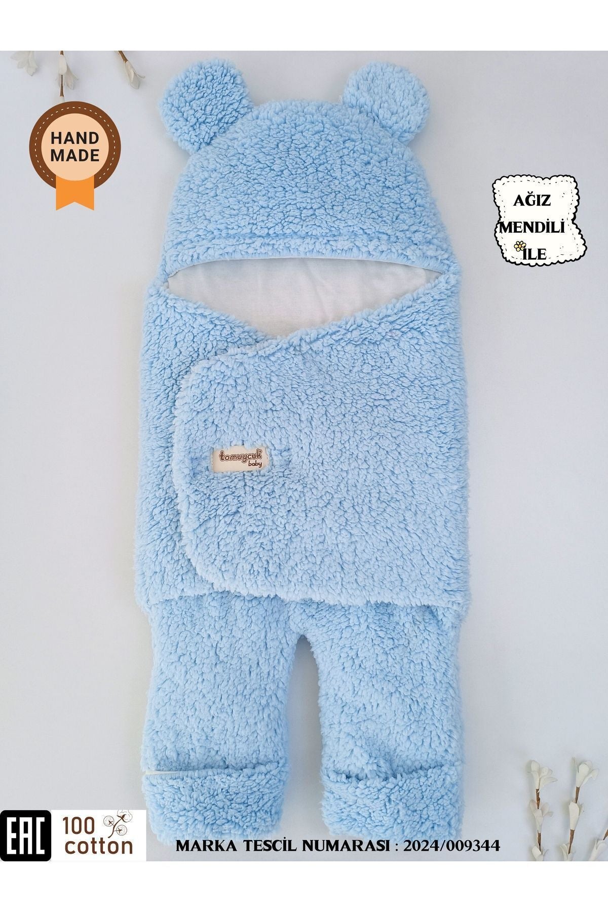 0-12 Ay İçi Elyaflı Peluş Welsoft Kulaklı Mavi Dış Bebek Kundak & Battaniyesi Kışlık Uyku Tulumu