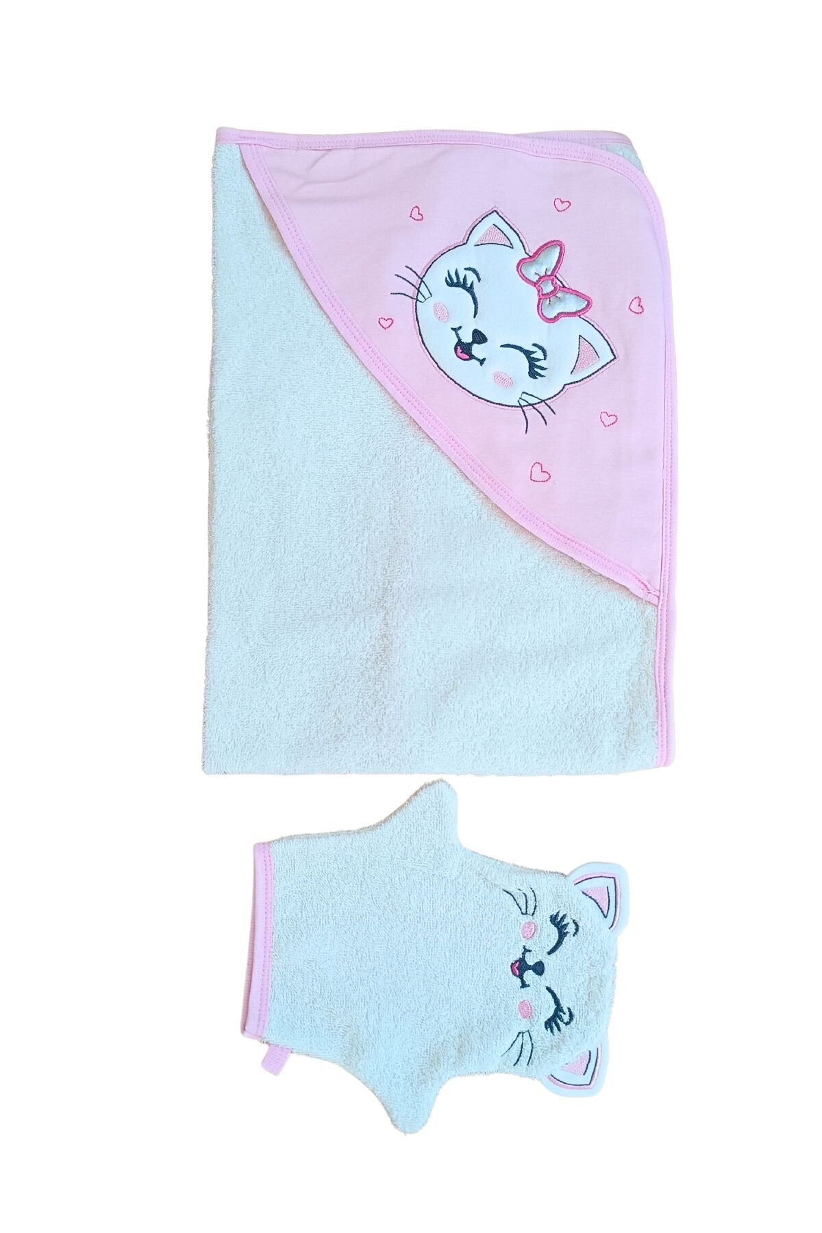 Kedi Nakışlı & Başlıklı Bebek Banyo Havlusu - Yumuşak & Su Emici Bebek Havlusu - %100 Pamuklu