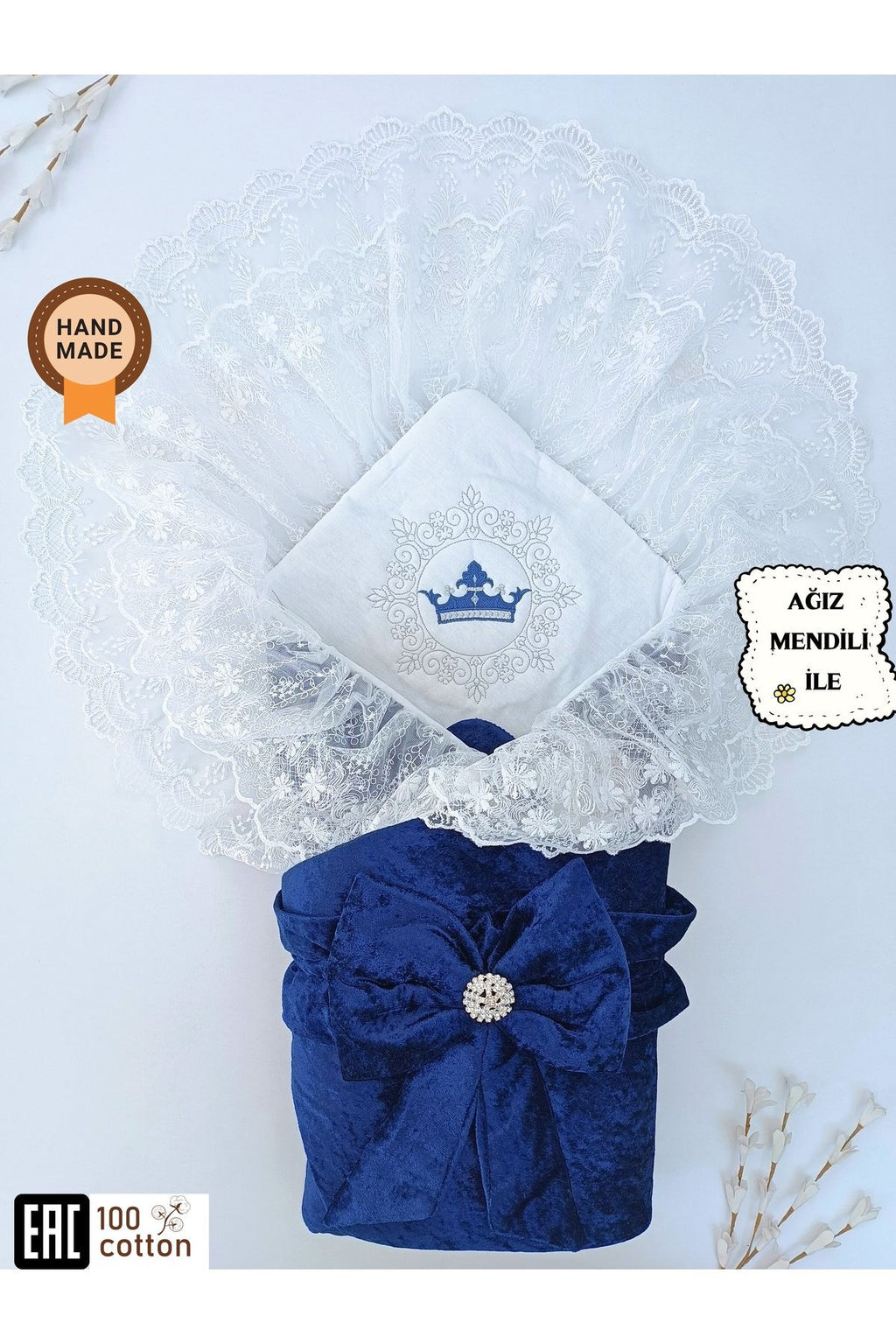 Dantelli Taçlı Bebek Kundağı Unisex Bebek Dış Kundak Battaniyesi Hastane Çıkışı Mevlütlük Kundak