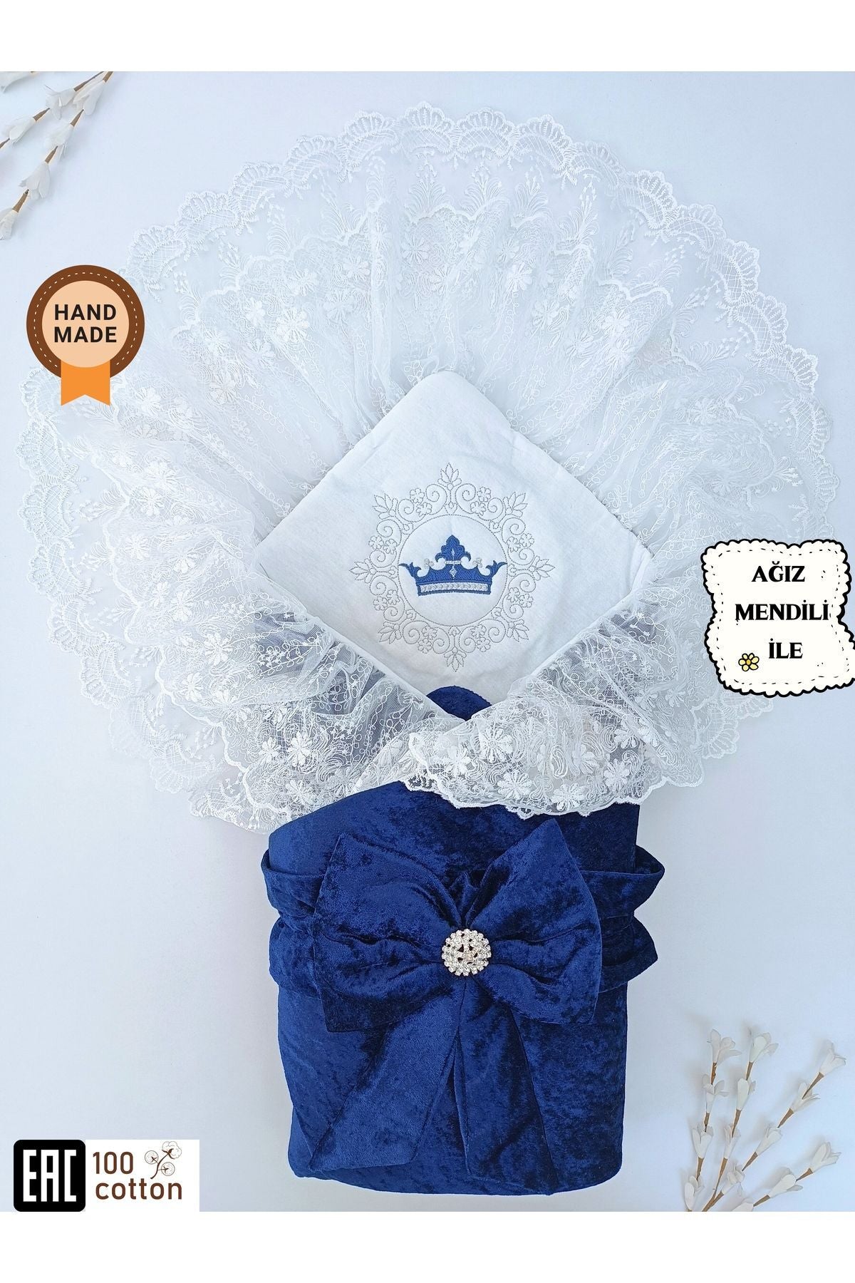 Dantelli Taçlı Bebek Kundağı Unisex Bebek Dış Kundak Battaniyesi Hastane Çıkışı Mevlütlük Kundak