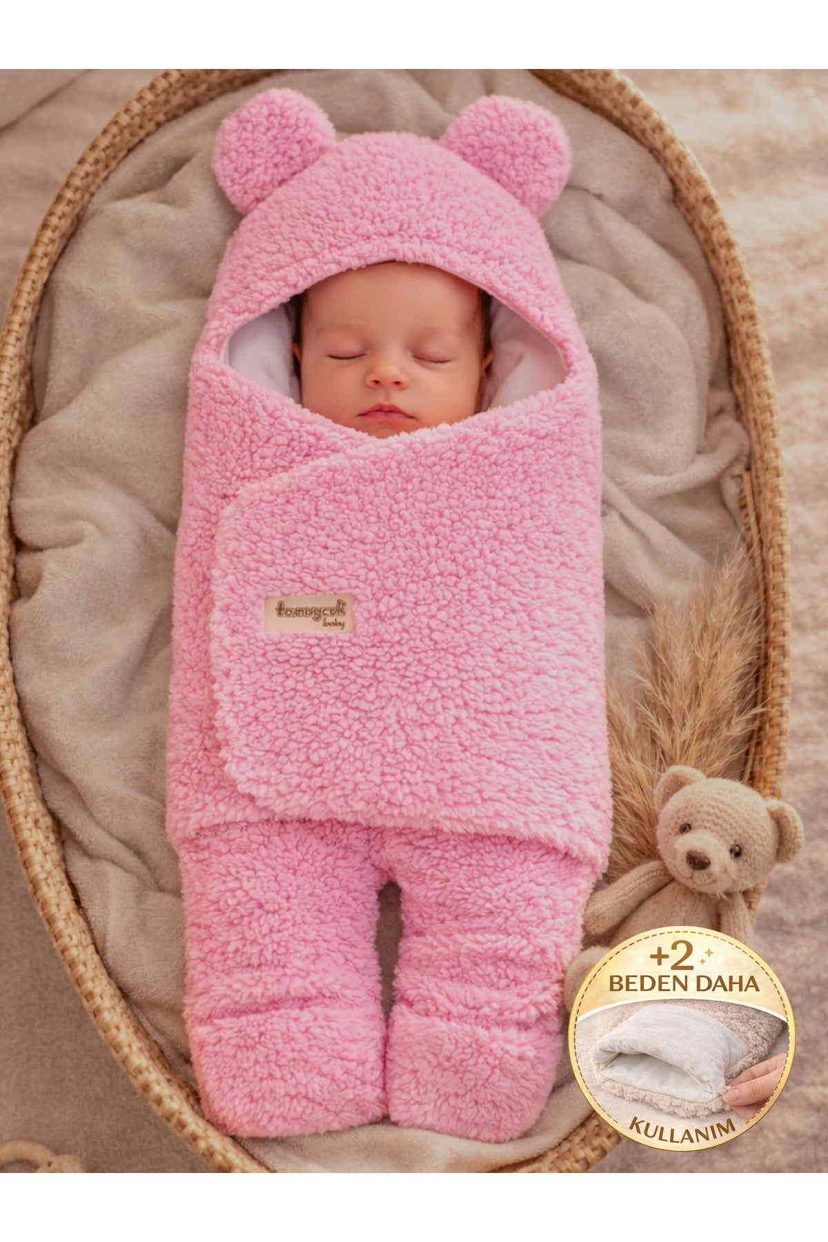 0-12 Ay İçi Elyaflı Peluş Welsoft Kulaklı Pembe Dış Bebek Kundak & Battaniyesi Kışlık Uyku Tulumu