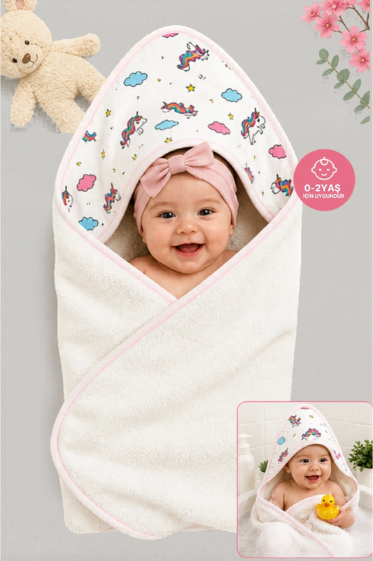 Unicorn Desenli %100 Pamuklu Başlıklı Kız Bebek Banyo Havlusu Yumuşak & Su Emici Havlu